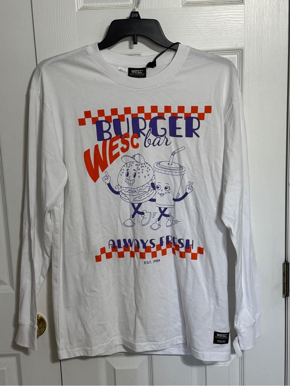 Wesc White Long Sleeve 'Burger Bar' Graphic Tee with Red and Blue Print